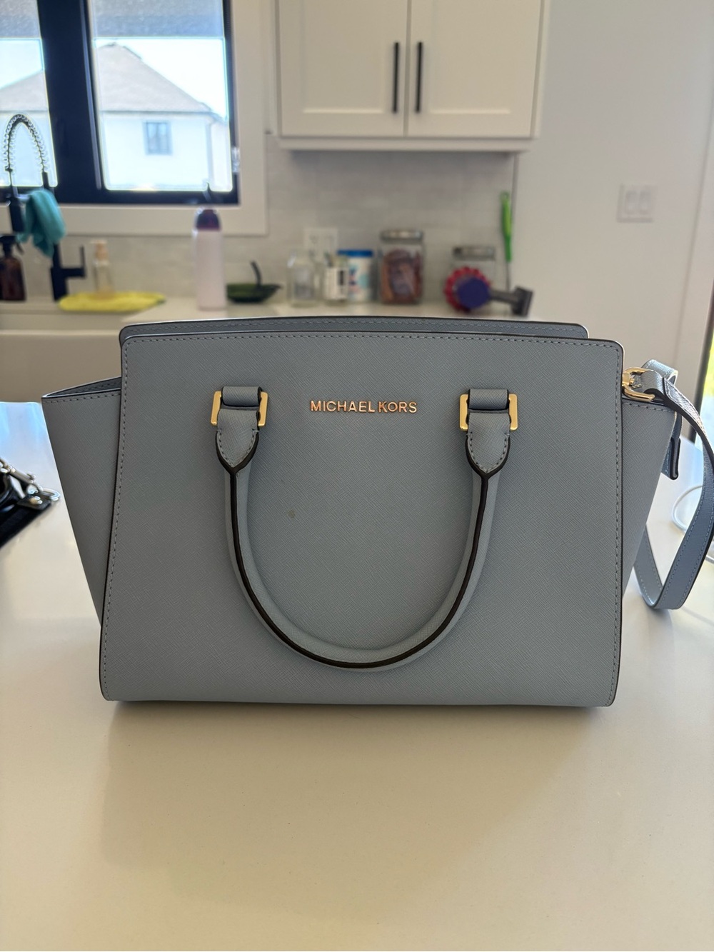 Michael Kors Light Blue Saffiano Satchel with Gold Hardware